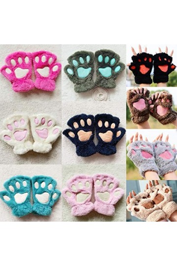 Mentin Gants Chauds en Peluche Moufles Demi-Doigt Epais Motif Patte de chat Pour Femme Fille Enfant Rose Rouge 