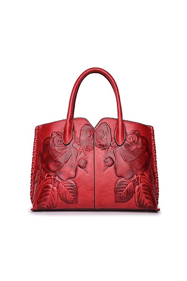 Coolives Sacs à main portés main avec Bandoulière pour Femme en Cuir PU Sac Fleur Classique en Relief Rouge