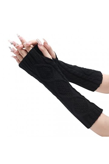 NIUREDLTD Mitaines tricotées sans doigts pour femme - Noir - Gants dhiver tricotés - Gants dhiver chauds - Pour femme - Lon