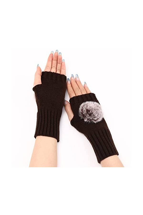 Gants dhiver chauds en tricot pour femme - Manches - Passe-pouces - Extensible - Sans doigts - Chauffe-pouls, Café C., taill