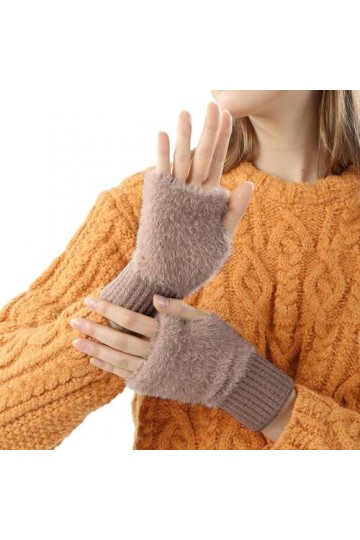 Porceosy Moufles dhiver pour femmes, gants à texture cireuse, gants dhiver de couleur unie en peluche, sans doigts, chauds 