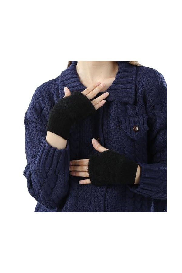 Porceosy Moufles dhiver pour femmes, gants à texture cireuse, gants dhiver de couleur unie en peluche, sans doigts, chauds 