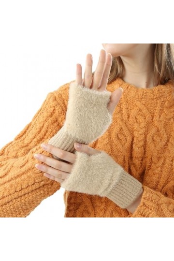 Porceosy Moufles dhiver pour femmes, gants à texture cireuse, gants dhiver de couleur unie en peluche, sans doigts, chauds 