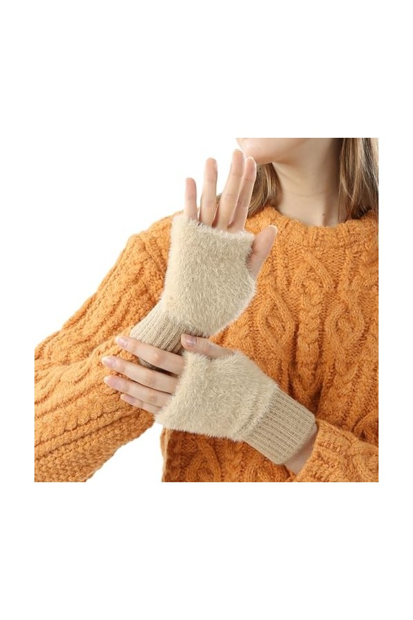 Porceosy Moufles dhiver pour femmes, gants à texture cireuse, gants dhiver de couleur unie en peluche, sans doigts, chauds 