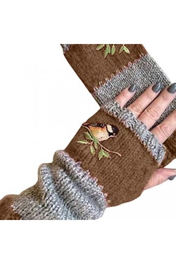 GREENLANS-1 Femmes Filles Automne Hiver Gants Chauds Sans Doigts, Moufle Tricotée Douce Brodée Par Oiseau marron