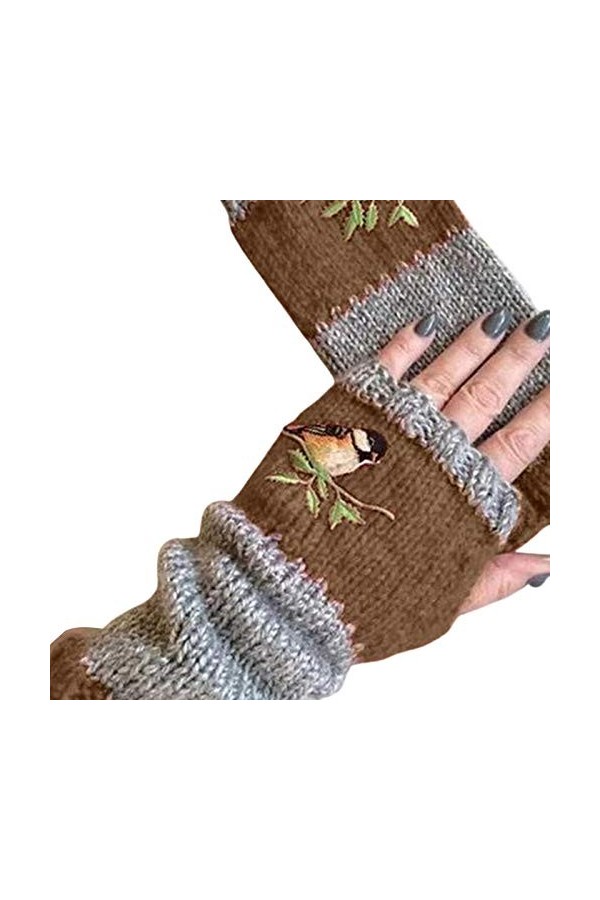 GREENLANS-1 Femmes Filles Automne Hiver Gants Chauds Sans Doigts, Moufle Tricotée Douce Brodée Par Oiseau marron