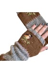GREENLANS-1 Femmes Filles Automne Hiver Gants Chauds Sans Doigts, Moufle Tricotée Douce Brodée Par Oiseau marron
