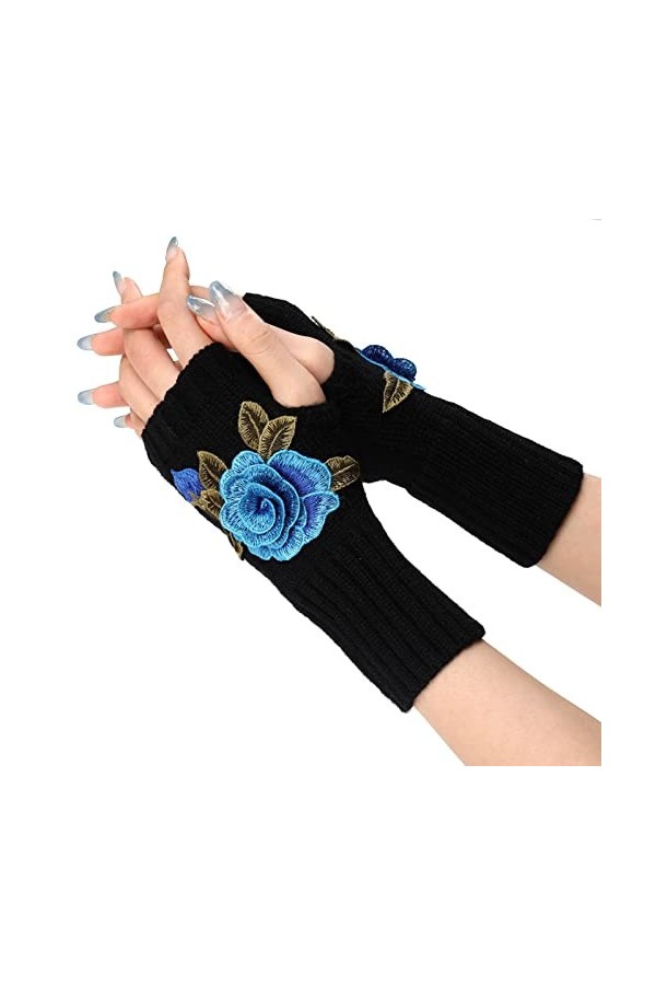 Generisch Costume de léopard pour femme - Noir - Gants chauds en tricot - Moufles convertibles - Fleurs à la mode - Costume p