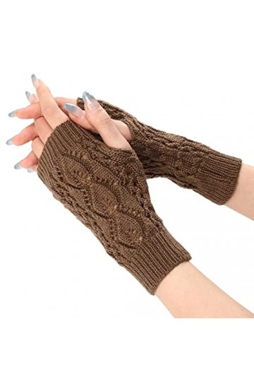 Mitaines simples pour femme - Automne/hiver - Couleur unie - Tricot chaud - Demi-doigt - Mitaines convertibles, Kaki-a., tail