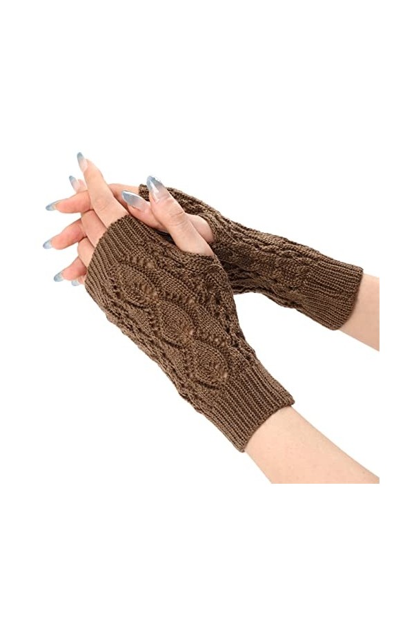 Mitaines simples pour femme - Automne/hiver - Couleur unie - Tricot chaud - Demi-doigt - Mitaines convertibles, Kaki-a., tail