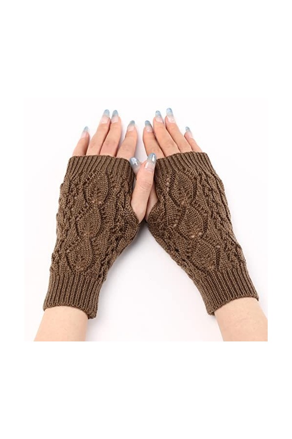 Mitaines simples pour femme - Automne/hiver - Couleur unie - Tricot chaud - Demi-doigt - Mitaines convertibles, Kaki-a., tail