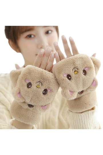 A/V Moufles convertibles pour femme - Moufles convertibles chaudes et douces en peluche avec ours de dessin animé pour lhive