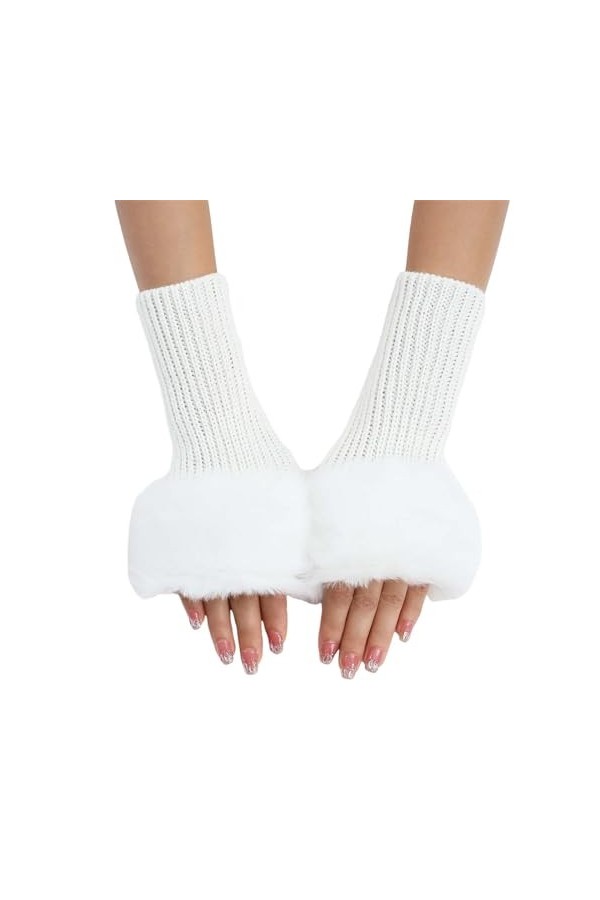Gants courts en peluche dautomne et dhiver pour femme - Mitaines tricotées en laine tricotée, blanc, taille unique