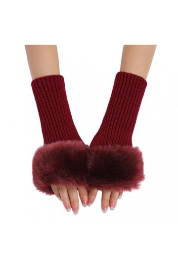 Gants courts en peluche dautomne et dhiver pour femme - Mitaines chaudes en laine tricotée, Rouge, taille unique