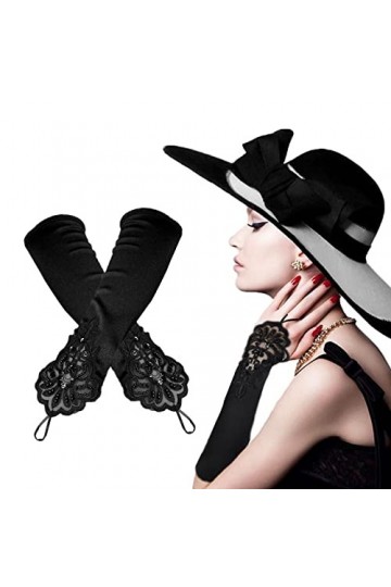 TSHAOUN Gants sans Doigts Dentelle mariée Gants de fête de Mariage Filles Femmes Gants de Satin pour la soirée de mariée Noir