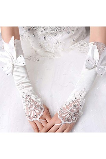 MoreChioce Gants de Mariée en Dentelle,Elégant Femme Longueur Gants de Mariage Strass Paillettes Perle Mitaines de Satin Gant