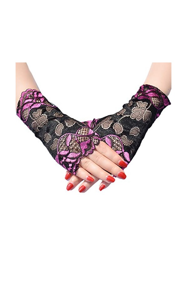 RK-HYTQWR Femmes Gants Mince Solaire sans Doigts Creux Floral Dentelle Contrastée Couleur Moufles, Royal Blue Lace Sunscreen 