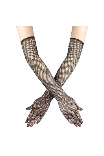 Moufles Résille Longue Femme 1 Paire Mitaines Strass Filet Disco Vintage Hippie Gants de Fête Pailletés Gants de Bal Longs Ac