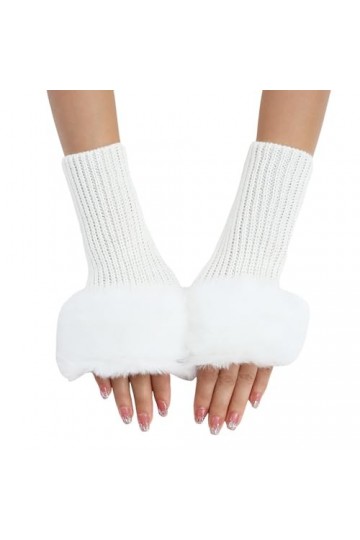 Generisch Mitaines sans doigts pour femme en tricot chaud mitaines convertibles moufles mode fleurs gants tricotés, Blanc., t