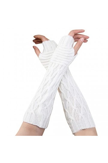 QWUVEDS Gants longs en laine tricotée pour femme - Automne et hiver - Chauds - Manches longues - Pliées - En nylon - Noir - P