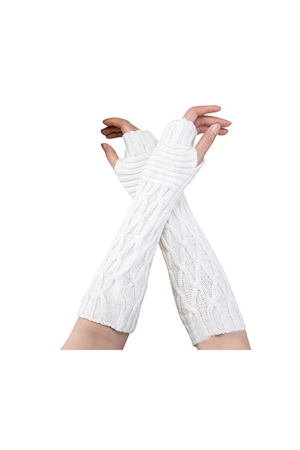 QWUVEDS Gants longs en laine tricotée pour femme - Automne et hiver - Chauds - Manches longues - Pliées - En nylon - Noir - P