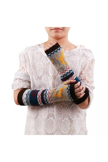 CreoQIJI Gants sans doigts pour femmes en laine demi-doigts Gants longs Couverture de bras Tricot Dessin animé Gants de Noël 