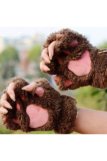 qiuxiaoaa Femmes Filles Belle Griffe �Paisse Moiti� Mitaines Gants Moelleux en Peluche Moufle Gants Rouge