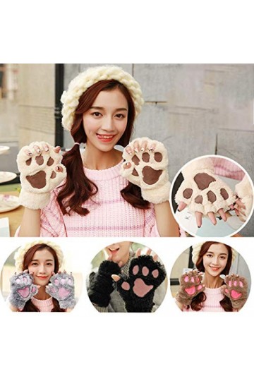 VIccoo Mitaines courtes en peluche pour femme - Motif pattes de chat - Noir