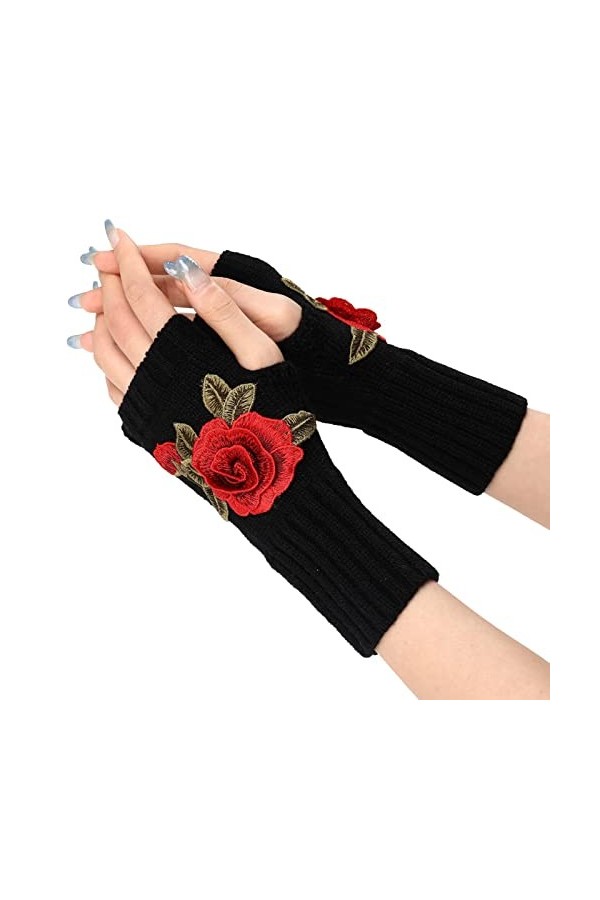Generisch Gants chauds en tricot pour femme, moufles convertibles, gants en maille à fleurs à la mode Noir, Noir , taille uni
