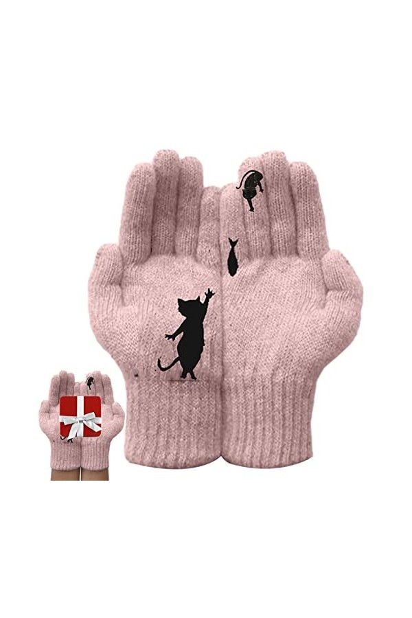 Rianpesn Gants dhiver pour femme – Gants tricotés chauds pour femme | Moufles élastiques et souples avec imprimé chat pour c