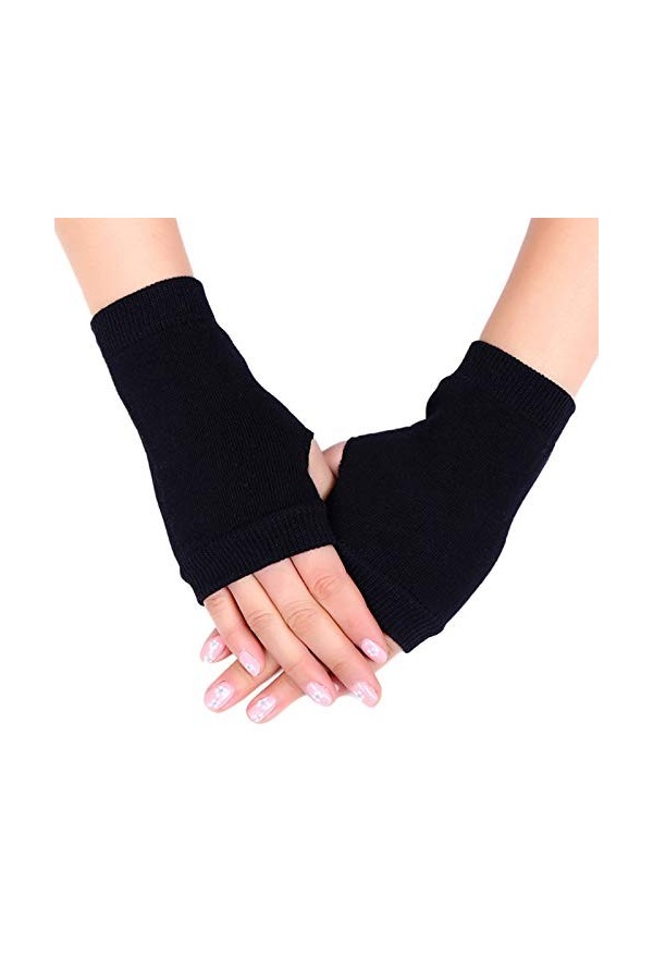 ehbn9 Gants sans Doigts tricotés en Coton Unisexe Couleur Unie moufles Extensibles avec Trou pour Le Pouce Noir