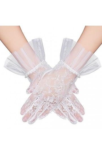 Gants de Mariée en Dentelle Gants Courts en Maille pour Femmes Gants en Tulle de Perles Blanches Gants de Mariée de Mariage G