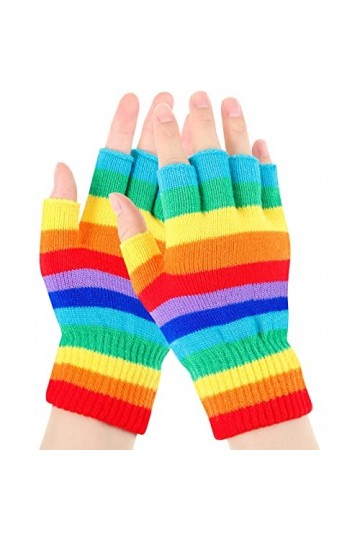 Gants Demi-Doigts de Dactylographie Thermiques Unisexes Extensibles Mitaines Tricotées sans Doigts à Rayures Arc-en-Ciel