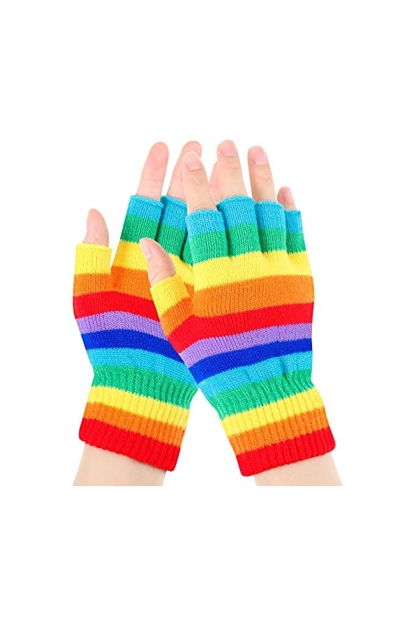 Gants Demi-Doigts de Dactylographie Thermiques Unisexes Extensibles Mitaines Tricotées sans Doigts à Rayures Arc-en-Ciel