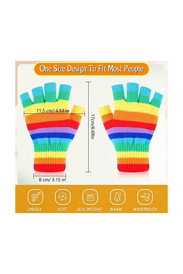 Gants Demi-Doigts de Dactylographie Thermiques Unisexes Extensibles Mitaines Tricotées sans Doigts à Rayures Arc-en-Ciel