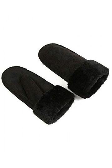 Springcmy Gants en fausse fourrure pour femme - Moufles en daim synthétique - Pour extérieur - Épais et chaud - Avec revers à