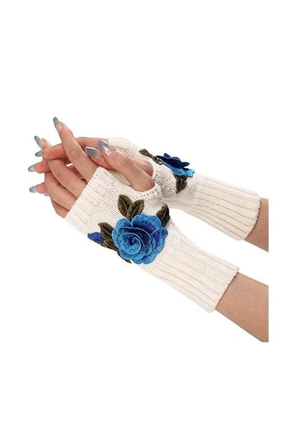 Qixiu Gants chauds en tricot pour femme, moufles convertibles, gants en latex à fleurs à la mode, bleu ciel, taille unique