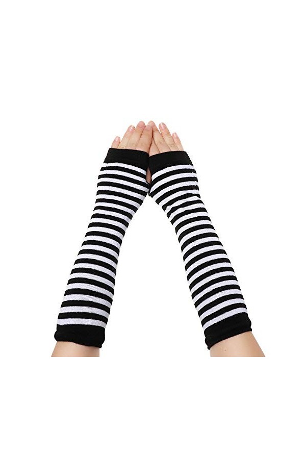 Gants sans Doigts pour Femmes,1 Paire De Gants À Rayures Longues en Coton sans Doigts Classique Bracelet De Bras Couverture M