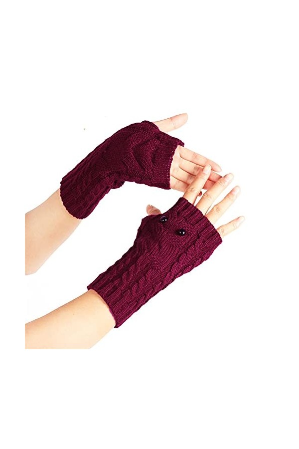 Niunu Mitaines de mitaines pour femme, gants dhiver mi-doigts Gants dhiver chauds en tricot court Moufles mitaines, vin, ta