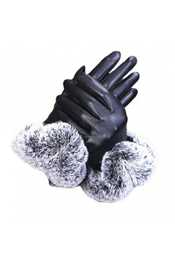 Niunu Gants dhiver chauds pour femme avec écran tactile en cuir synthétique - Gants en fourrure de lapin - Polaire thermique
