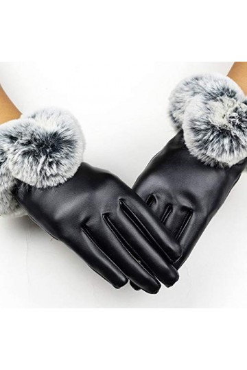 Niunu Gants dhiver chauds pour femme avec écran tactile en cuir synthétique - Gants en fourrure de lapin - Polaire thermique