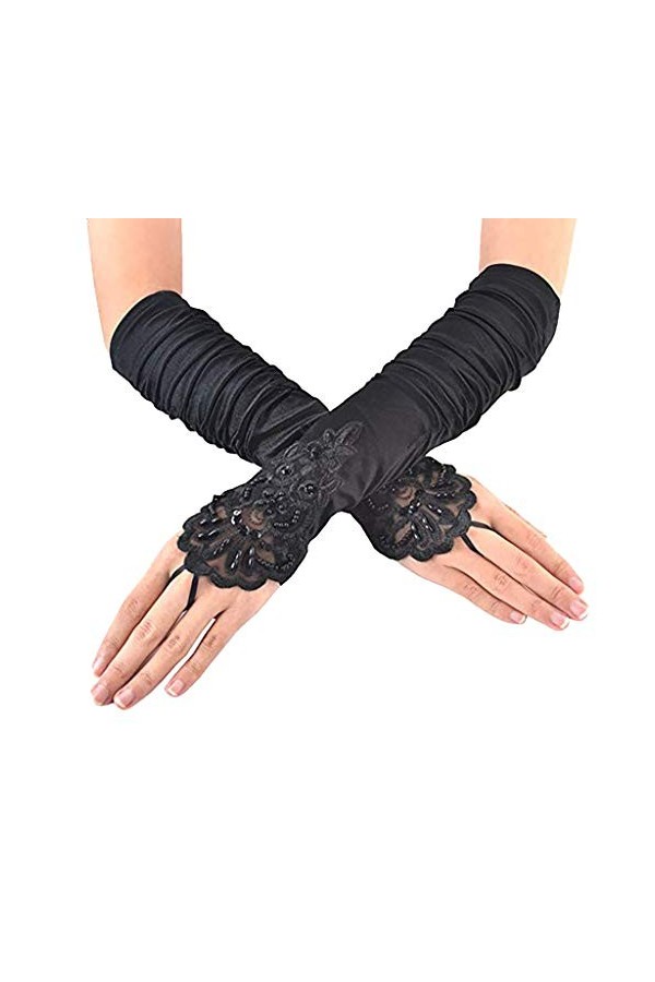 Satin Longueur Flapper Soirée Élégant Gants Coudes Femme Années 1920 pour Gants dOpéra Gants Costume Noir Gants de Mariage M