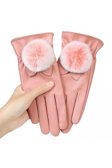 1 Paires Gants Femme Pompon Elegant Gants Cuir PU à Écran Tactile Hiver Chaud Sexy en Molleton Moufles Adulte Tactile Smartph