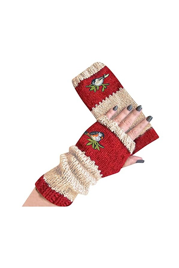 Crochet en laine - Petits gants en coton faits à la main - Chauds - Fleurs - Gants pour femme - Gants avec poche, Rouge, tail