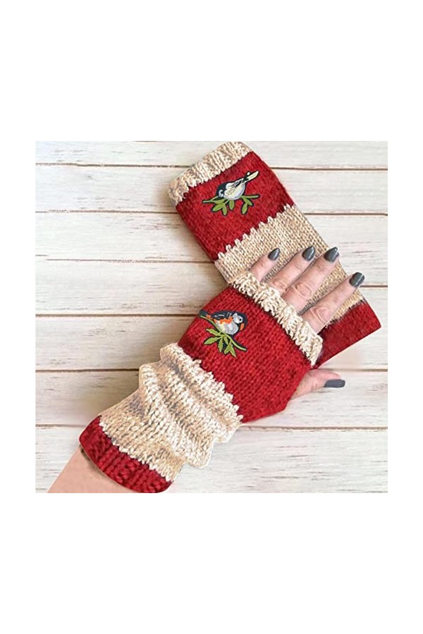 Crochet en laine - Petits gants en coton faits à la main - Chauds - Fleurs - Gants pour femme - Gants avec poche, Rouge, tail