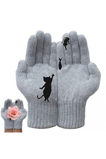 Gants chat – Gants chauds en tricot pour femmes – Moufles élastiques douces et tendance à imprimé chat – Gants complets pour 