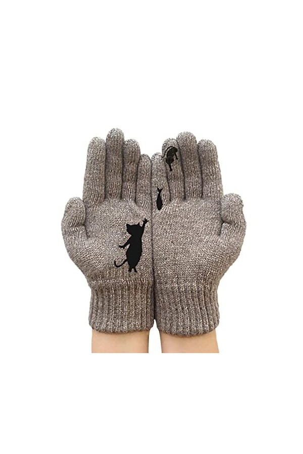 Gants chat – Gants chauds en tricot pour femmes – Moufles élastiques douces et tendance à imprimé chat – Gants complets pour 