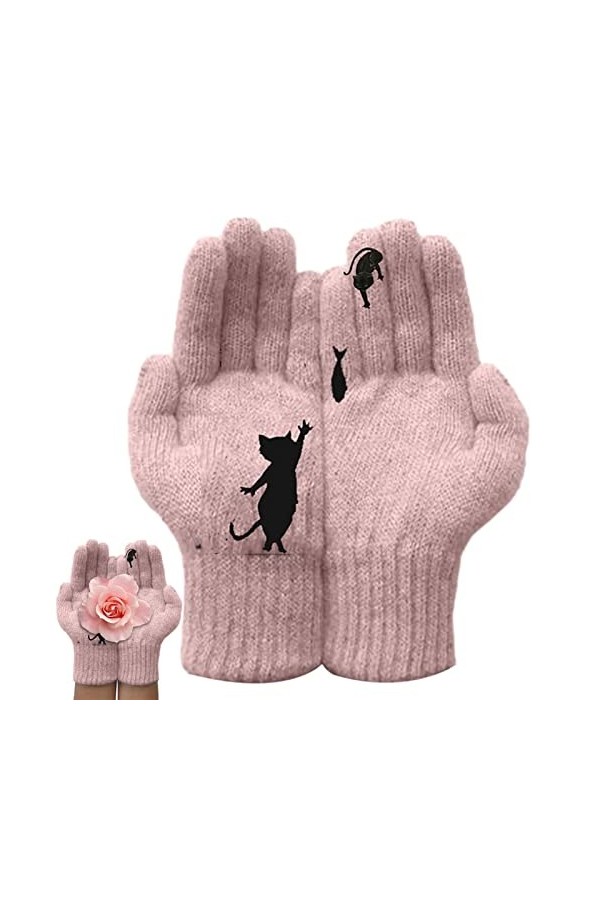 Gants chat – Gants chauds en tricot pour femmes – Moufles élastiques douces et tendance à imprimé chat – Gants complets pour 