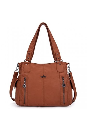 Angelkiss 2 Sacs à Main Femmes Cuir Sacs Portés Main Bourses en Cuir Lavé Top Zippers Multi Pockets Sacs à Bandoulière 1193