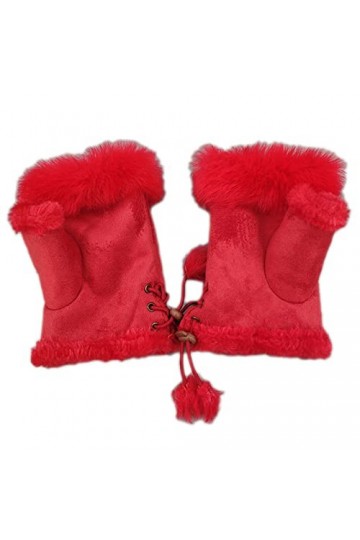 Mitaines demi-doigts en fausse fourrure de lapin avec doublure en polaire - Pour lhiver - Couleur unie, Rouge, L